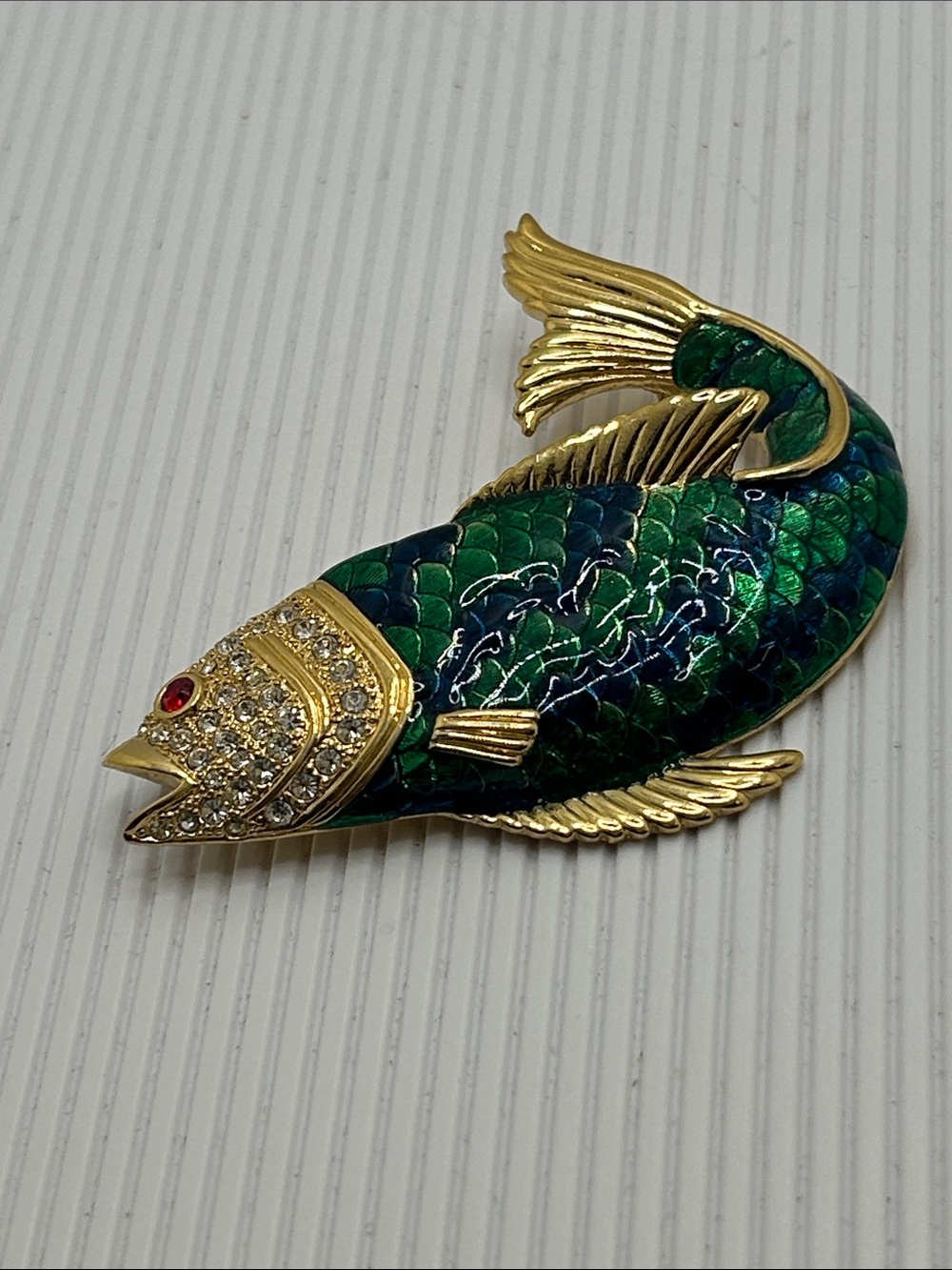 Vintage Gold-Tone Green & Blue Enamel Fish Ornament Brooch